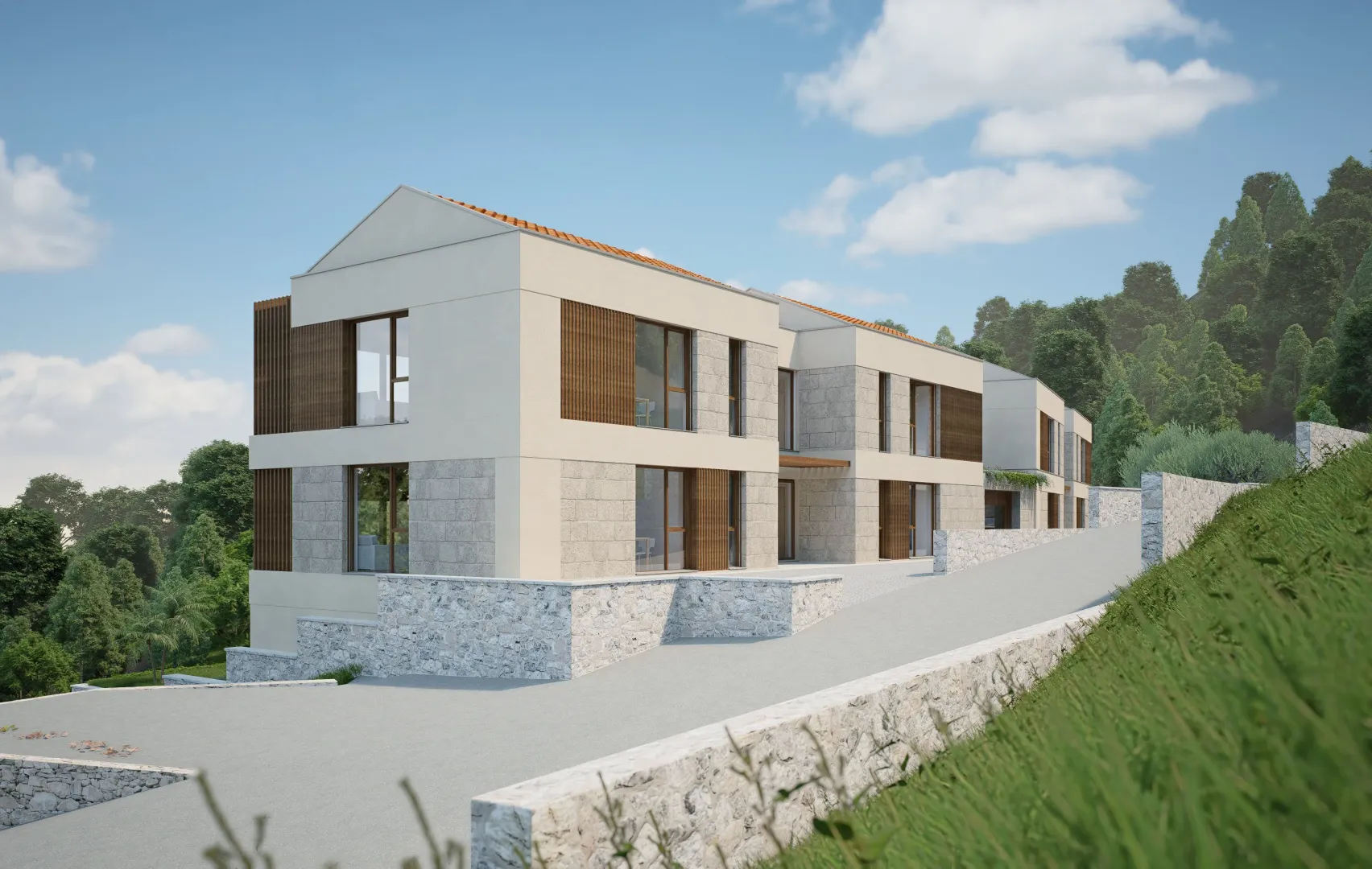 Spoljašnji izgled moderne stambene zgrade sa kamenim detaljima i pristupnim putem.