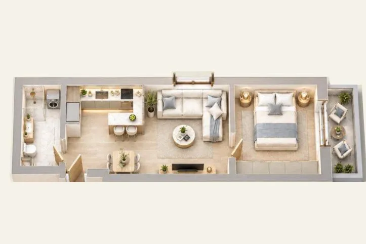 3D floor plan of the apartment with furniture and room layout.