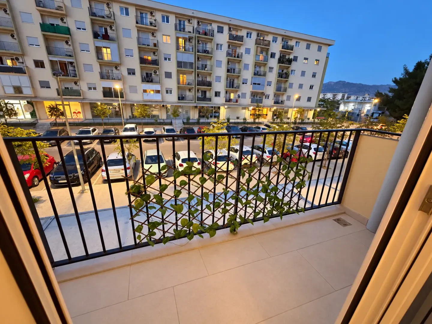 View from the balcony overlooking the street and the building across.