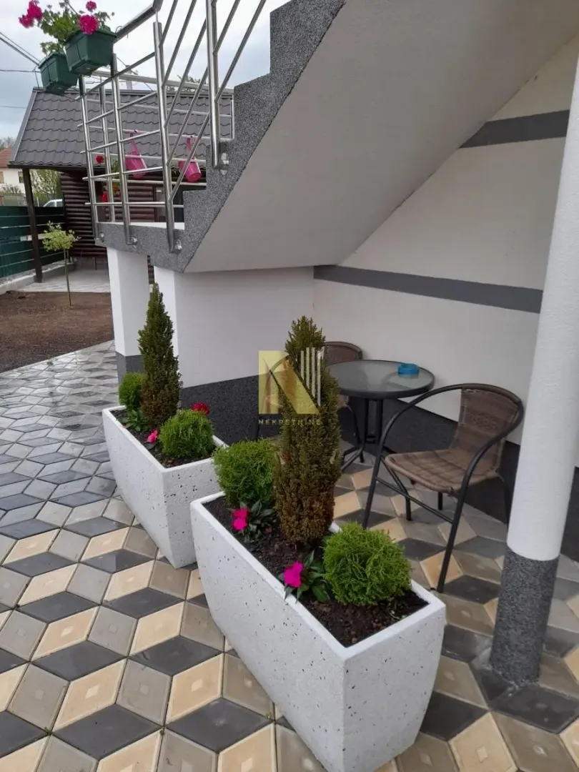 Landscaped yard with a paved walkway, plant pots, and outdoor seating furniture.