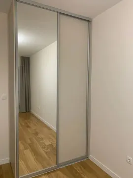 Built-in wardrobe with a mirror in a room with parquet flooring. - image 4