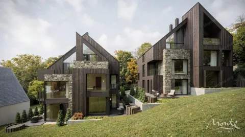 Pogled na eksterijer modernih drvenih kuća sa kamenim detaljima i uređenim dvorištem. - image 6