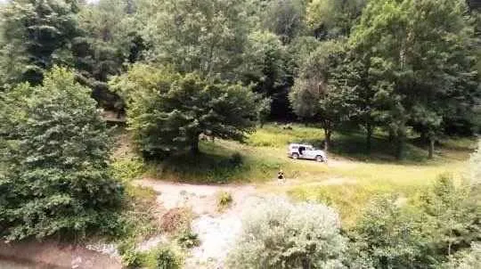 Pogled iz vazduha na zelenu površinu sa drvećem i parkiranim automobilom.