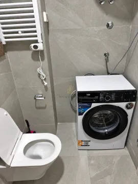 Bathroom equipped with a toilet, radiator, and washing machine. - image 6