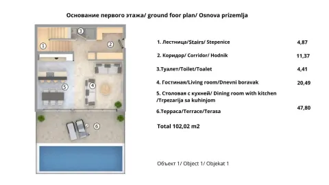 Osnova prizemlja objekta sa rasporedom prostorija i površinama. - image 11