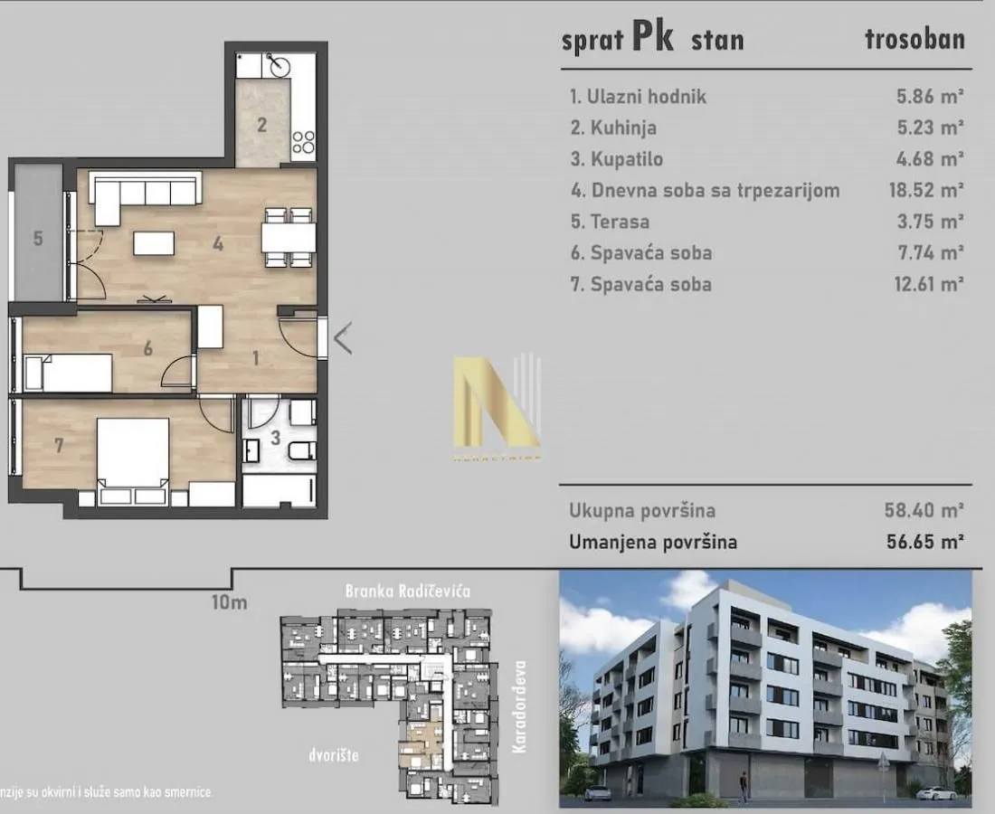 Osnova stana sa rasporedom prostorija i površinama.