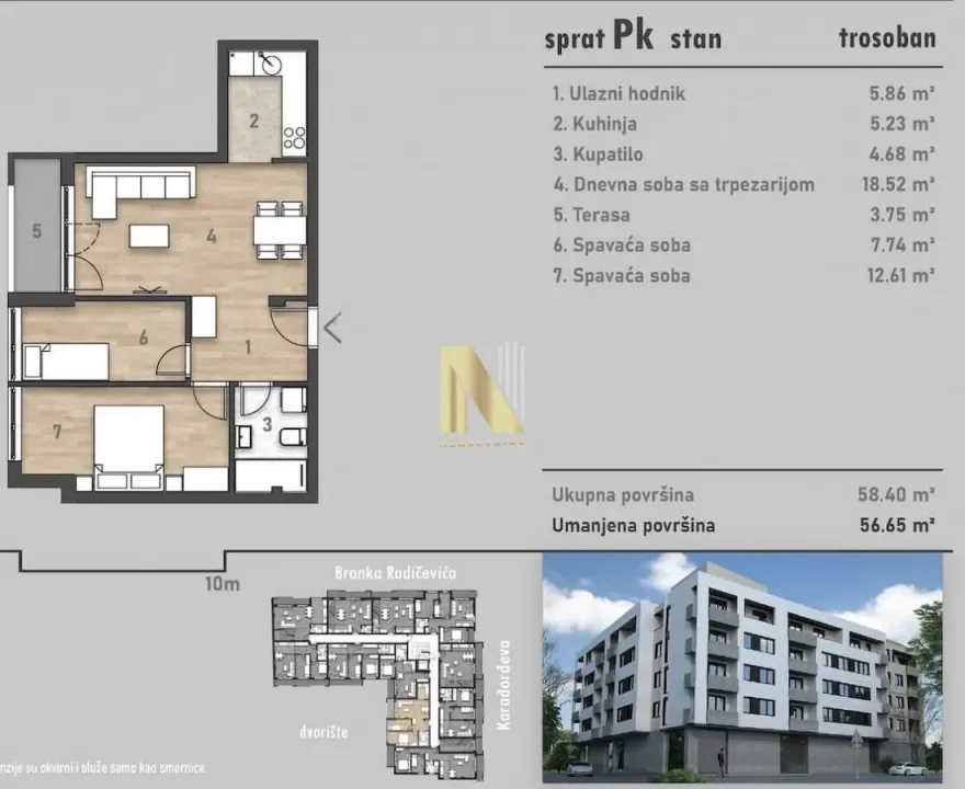 Prodaja, trosoban stan, 57m², Salajka, Novi Sad Sve Podlokacije