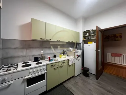 Manja kuhinja sa svetlim zelenim elementima, šporetom i frižiderom. - image 7