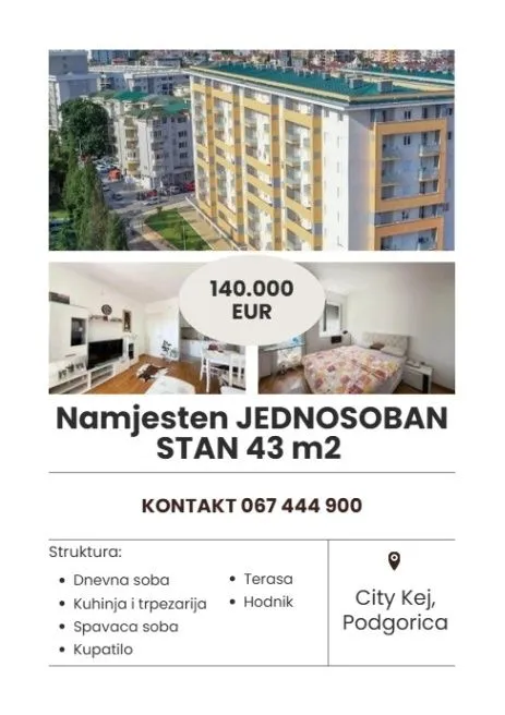 Prodaja, jednosoban stan, 43m², City Kej, Podgorica