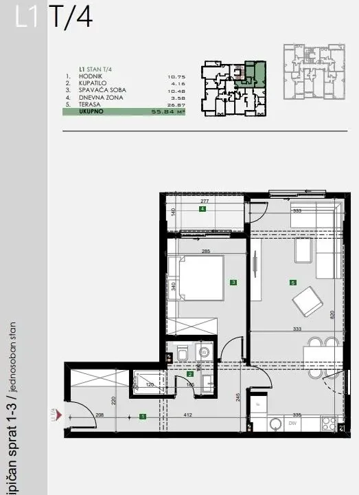 Prodaja, jednosoban stan, 56m², Čeluga, Bar