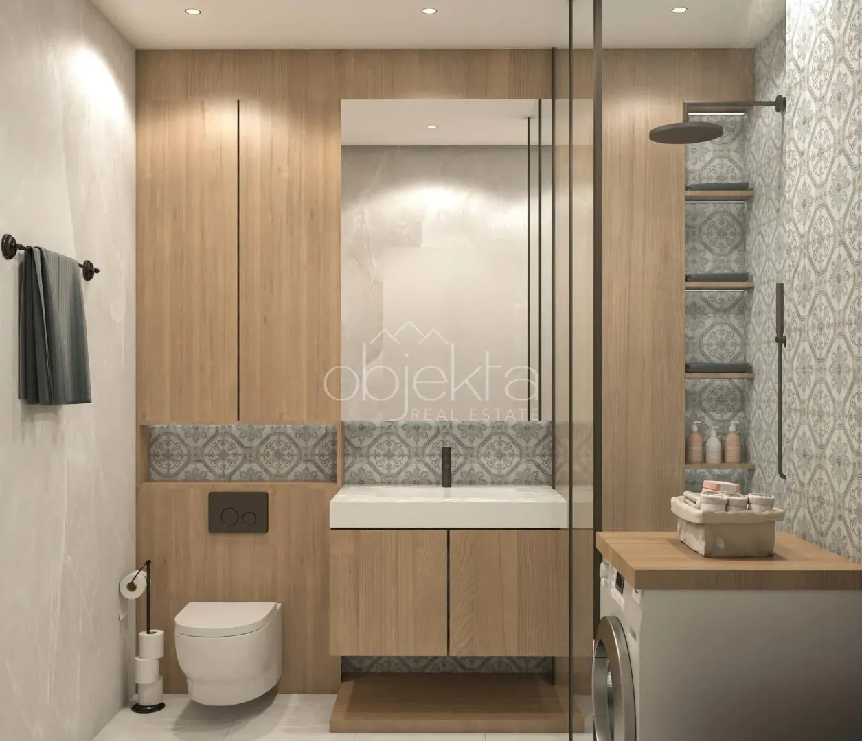 Modern bathroom equipped with a sink, toilet, and walk-in shower.