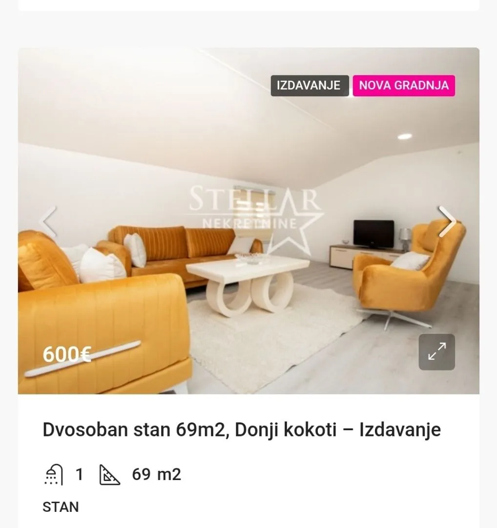 Izdavanje, dvosoban stan, 69m², Donji Kokoti, Podgorica