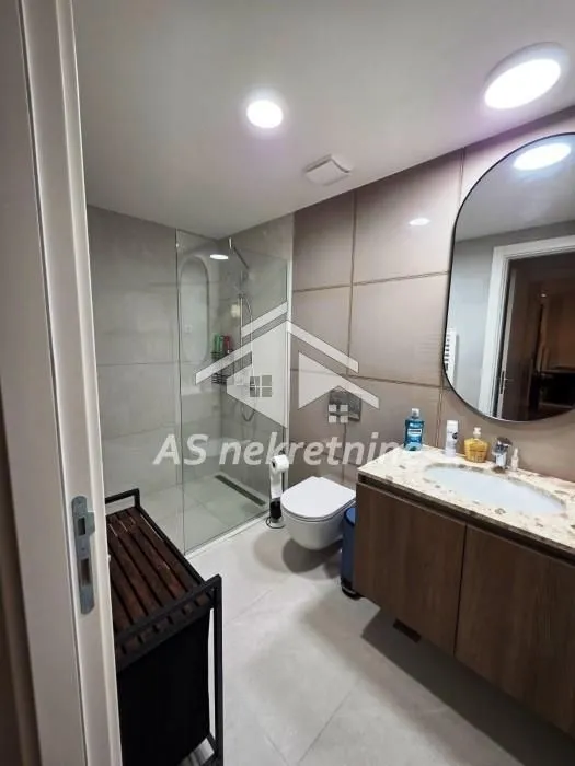 Modernly equipped bathroom with a walk-in shower, washbasin, and toilet.