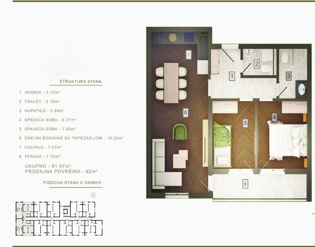 Prodaja, dvosoban stan, 62m², Zagorič, Podgorica