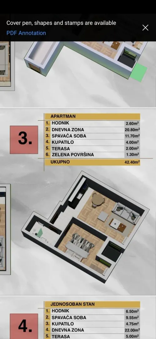 3D tlocrt apartmana sa tabelom površina prostorija.