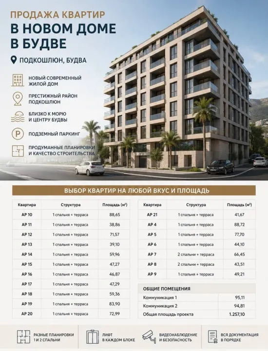 Sale, two bedroom apartment, 72m², Podkošljun, Budva