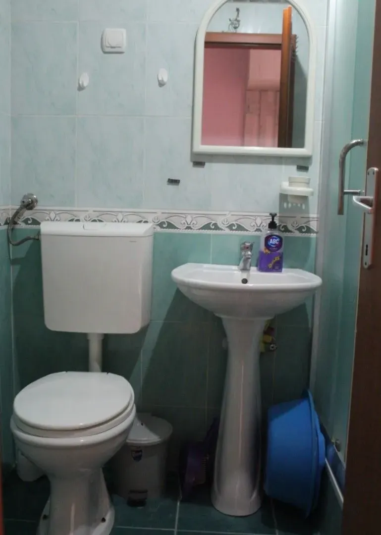 Small bathroom with a sink, toilet, and mirror.