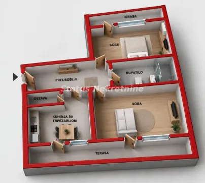 Trodimenzionalni prikaz osnove stana sa rasporedom prostorija. - image 7