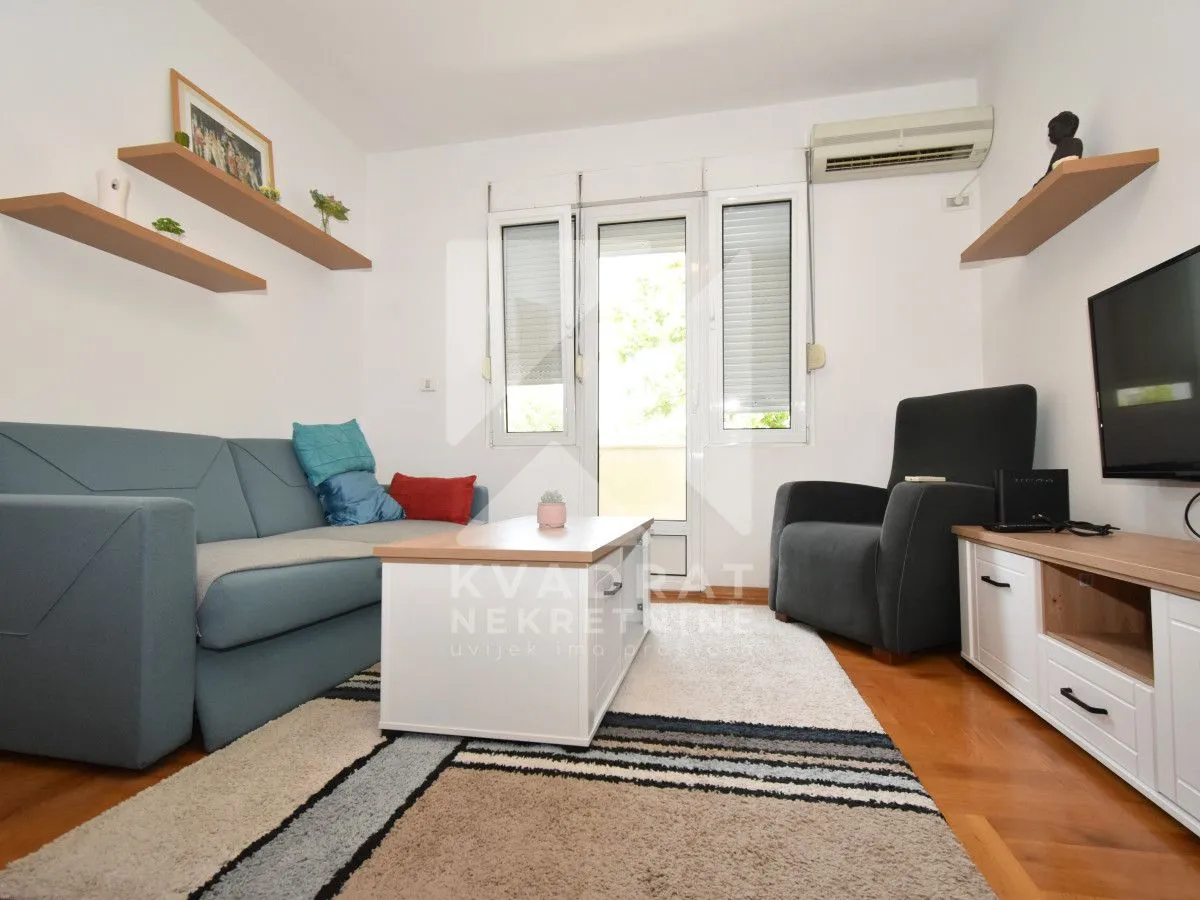 Living room with sofa, coffee table, TV and access to the terrace.