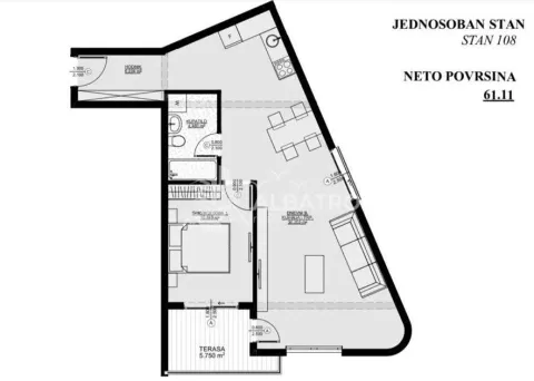 Osnova jednosobnog stana površine 61,11 kvadratnih metara. - image 2