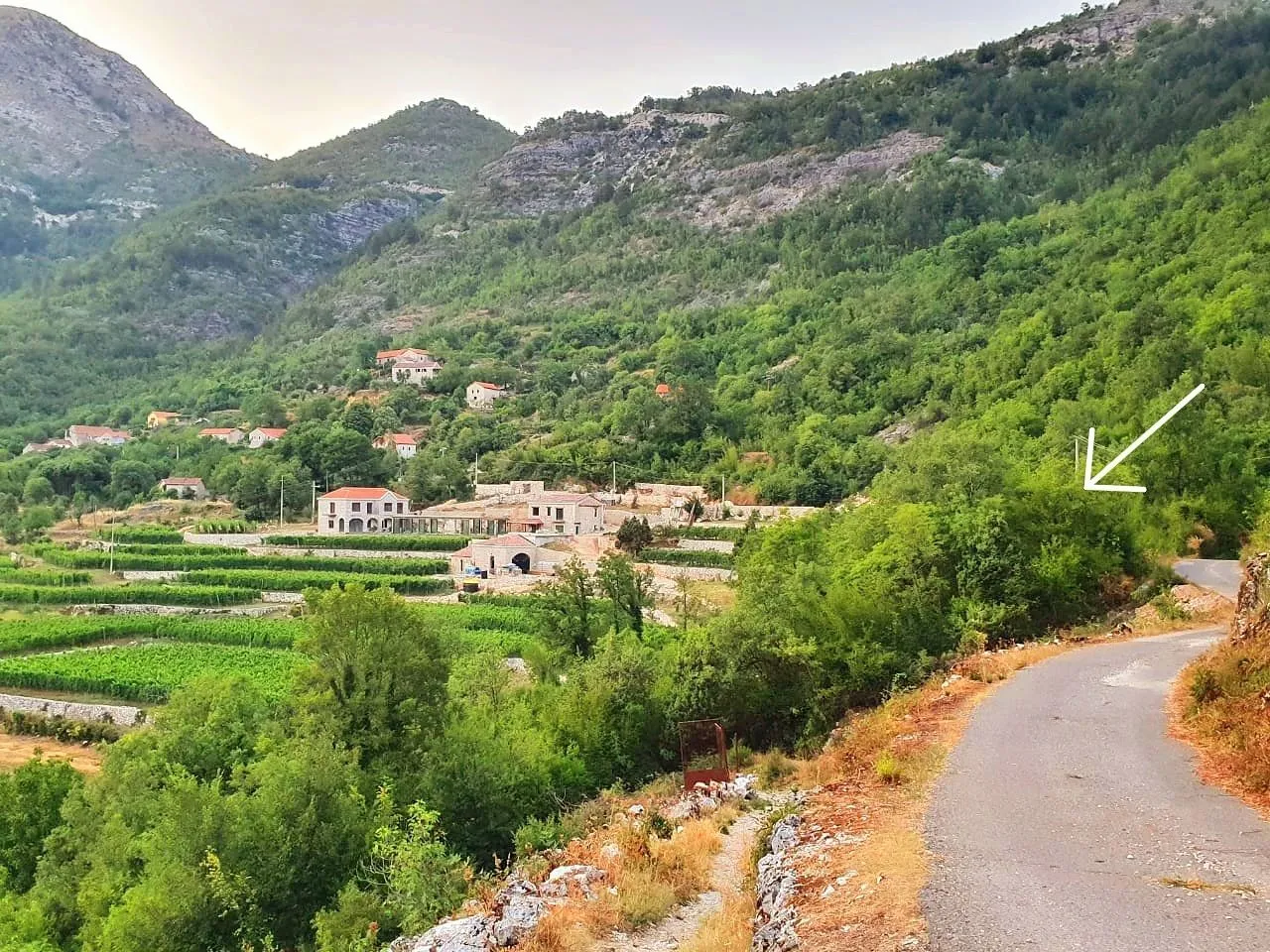Pogled na seoski pejzaž sa putem i kućama u pozadini.