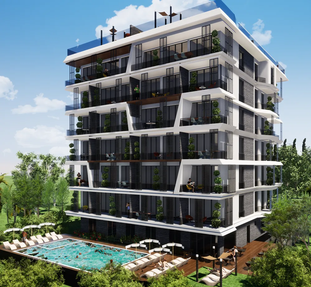 3D render moderne stambene zgrade sa bazenom i uređenim dvorištem.