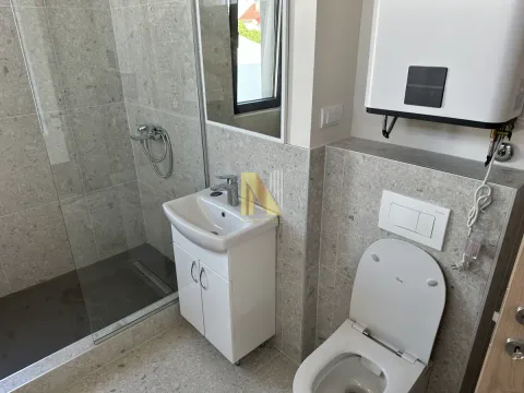Modernly equipped bathroom with a walk-in shower, washbasin, and toilet. - image 13