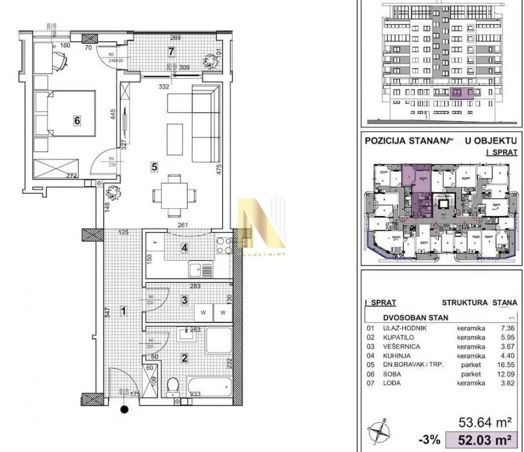 Sale, two bedroom apartment, 53m², Telep, Novi Sad Sve Podlokacije