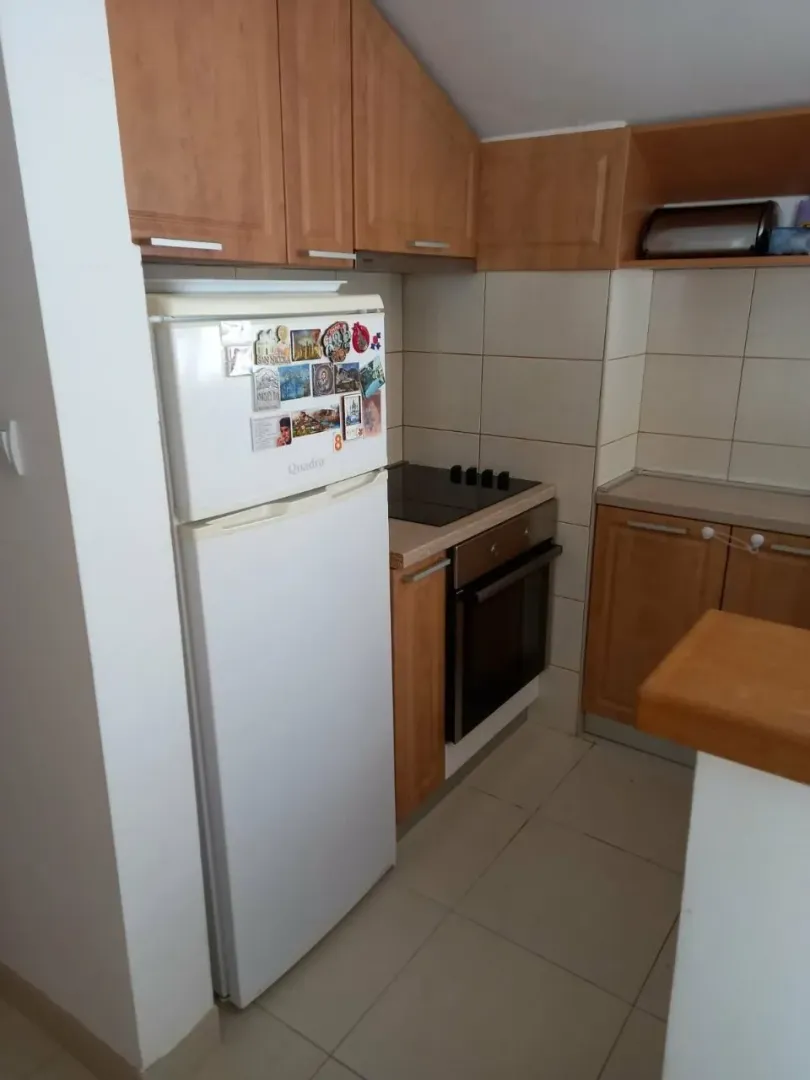 Manja kuhinja sa drvenim elementima i bijelim frižiderom.
