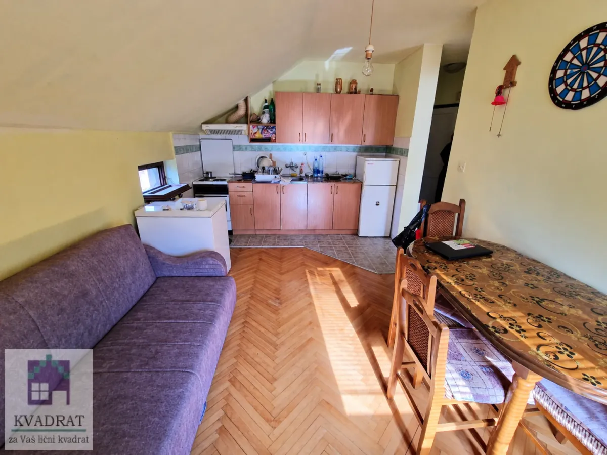 Living room with sofa, dining table, and kitchen in the attic.