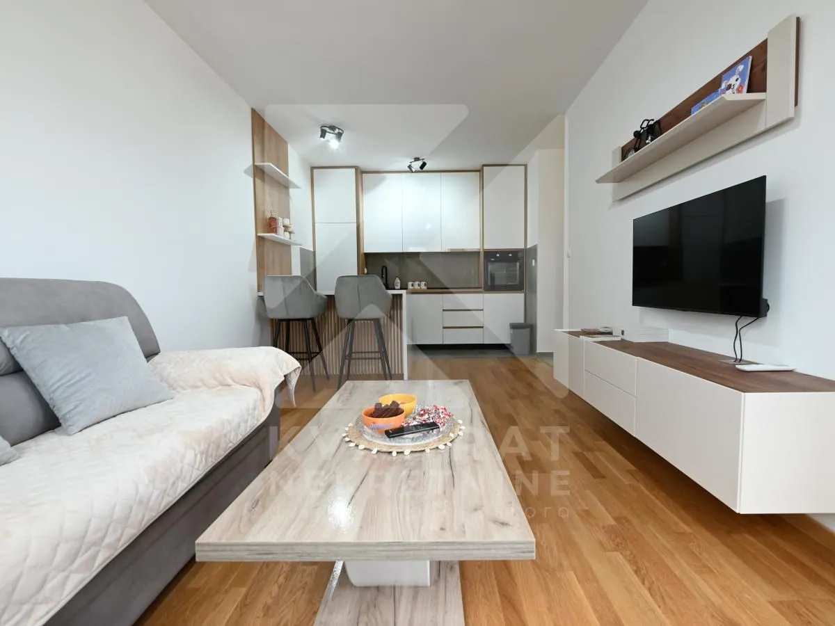 Living room with a sofa, TV, and a view of the kitchen in the background.