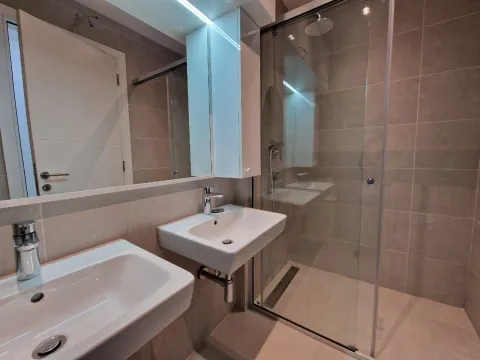 Modern bathroom equipped with two washbasins and a walk-in shower. - image 8