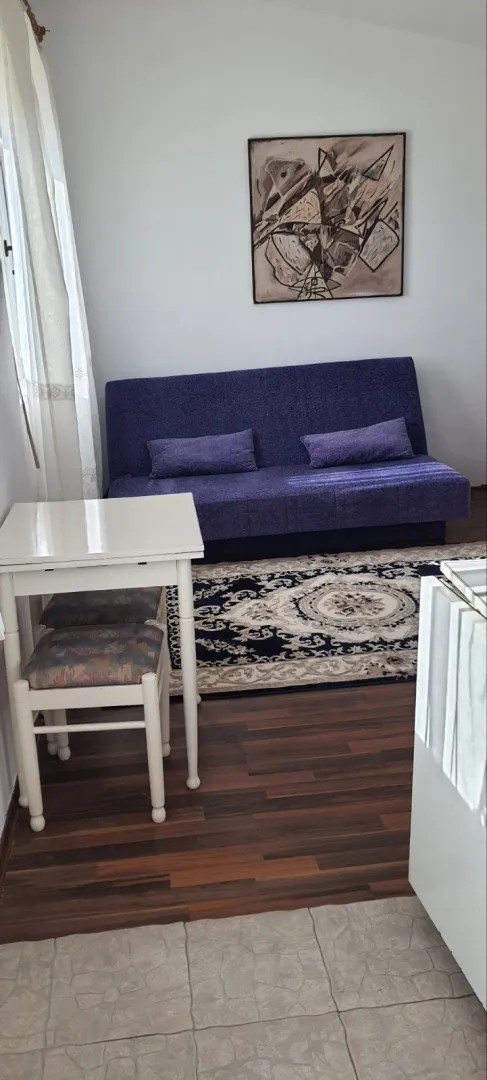 Living room with a blue sofa and table.