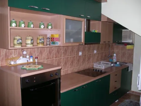 Kuhinja sa zelenim elementima i ugradnom bijelom tehnikom. - image 4