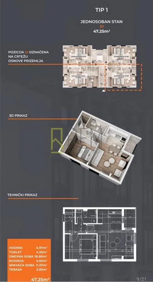 Prodaja, jednosoban stan, 46m², Stari Aerodrom, Podgorica