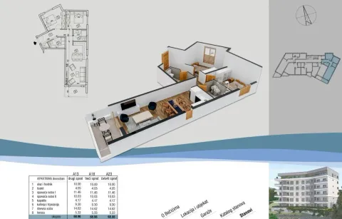 Trodimenzionalni i dvodimenzionalni prikaz osnove stana sa tabelom površina prostorija. - image 20