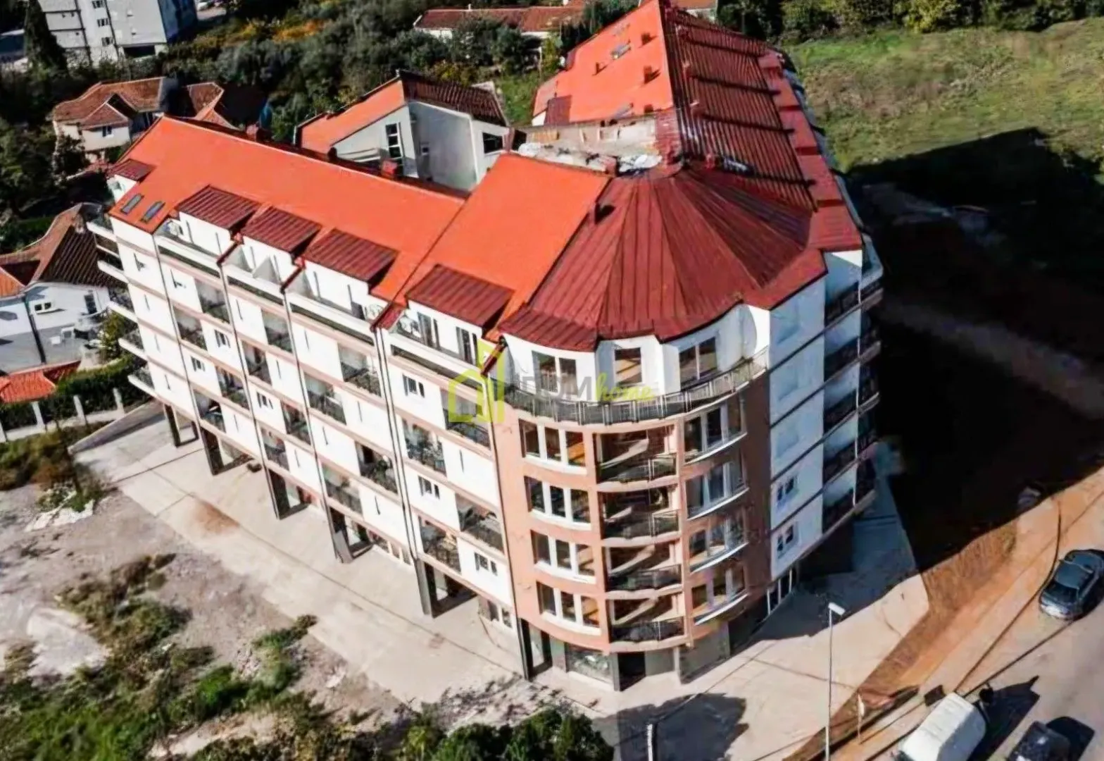 Aerial view of the residential building exterior.