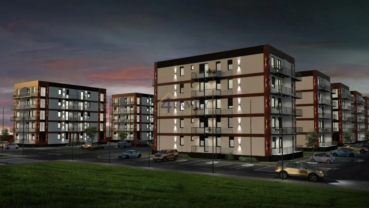 3D render modernog stambenog kompleksa sa uređenim parkingom u sumrak.