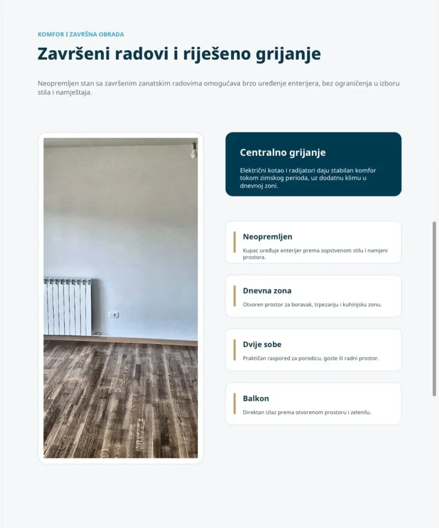 View of a part of the apartment with installed flooring and a radiator as part of promotional material.