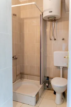 A simple bathroom with a shower cabin, toilet, and water heater. - image 10