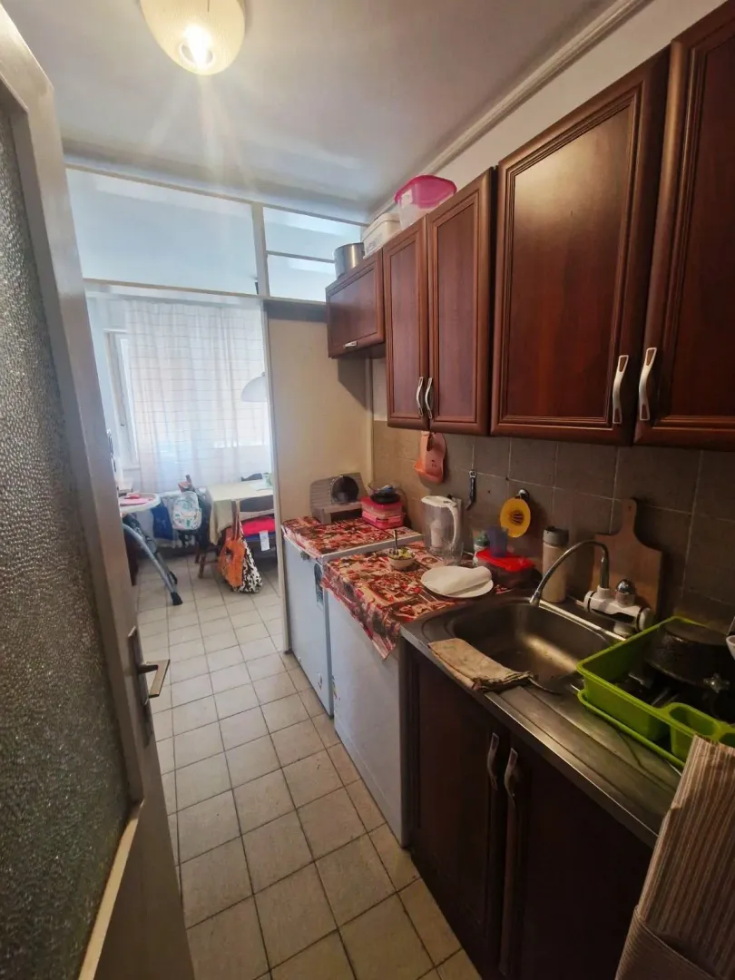 Manja kuhinja sa drvenim elementima i sudoperom.