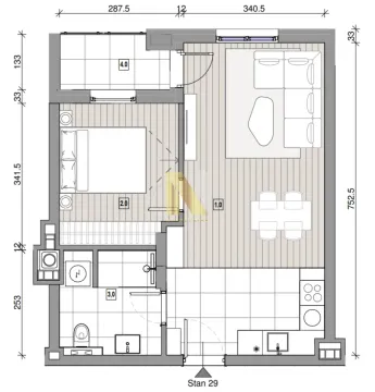 Arhitektonski nacrt stana sa rasporedom prostorija i dimenzijama. - image 2
