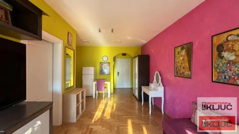 Dnevna soba sa živopisnim bojama zidova, parketom i trpezarijskim stolom u pozadini. - image 2