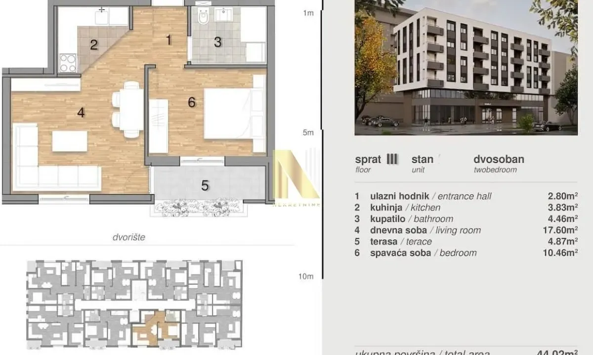 Sale, two bedroom apartment, 44m², Telep, Novi Sad Sve Podlokacije