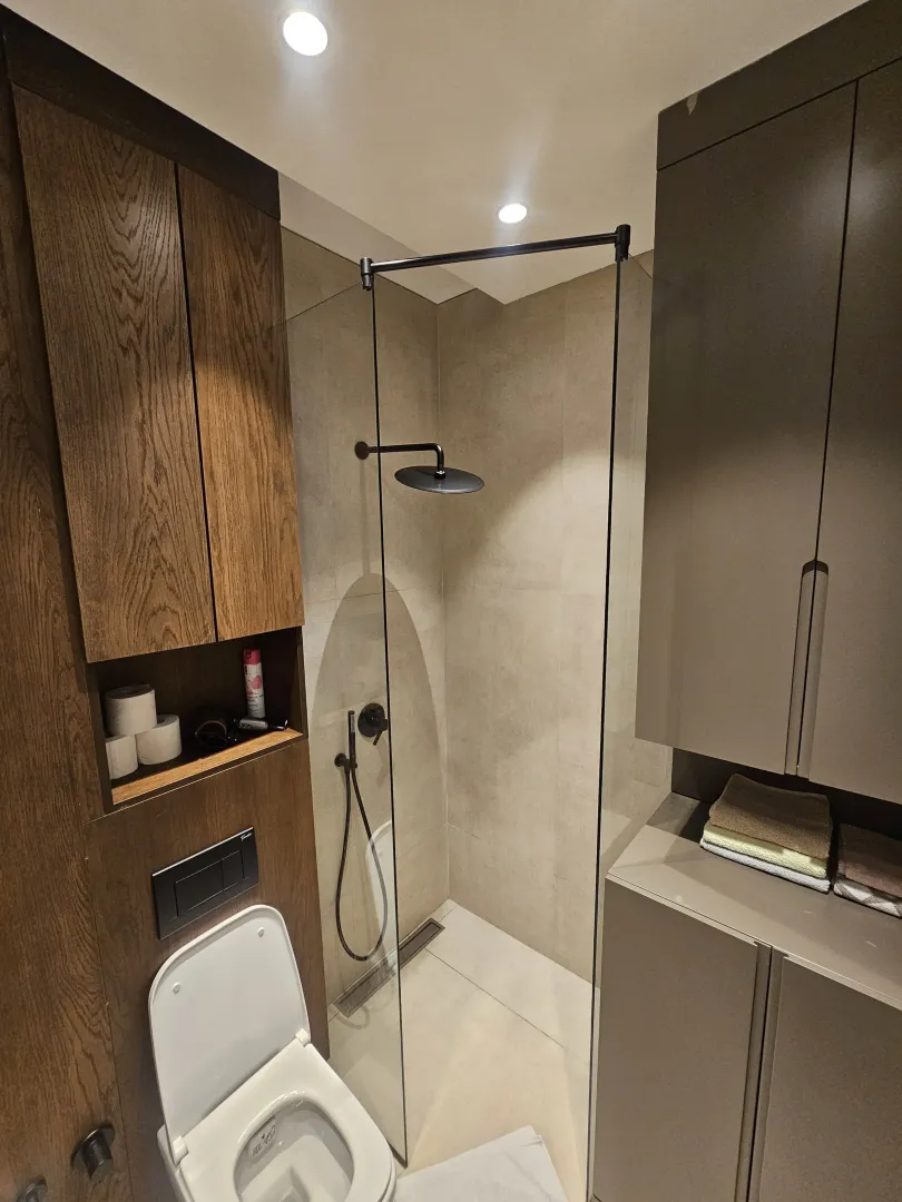Modernly equipped bathroom with a walk-in shower and built-in cabinetry.