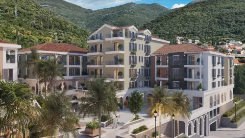 Render moderne stambene zgrade sa uređenim dvorištem i palmama u podnožju brda. - image 6
