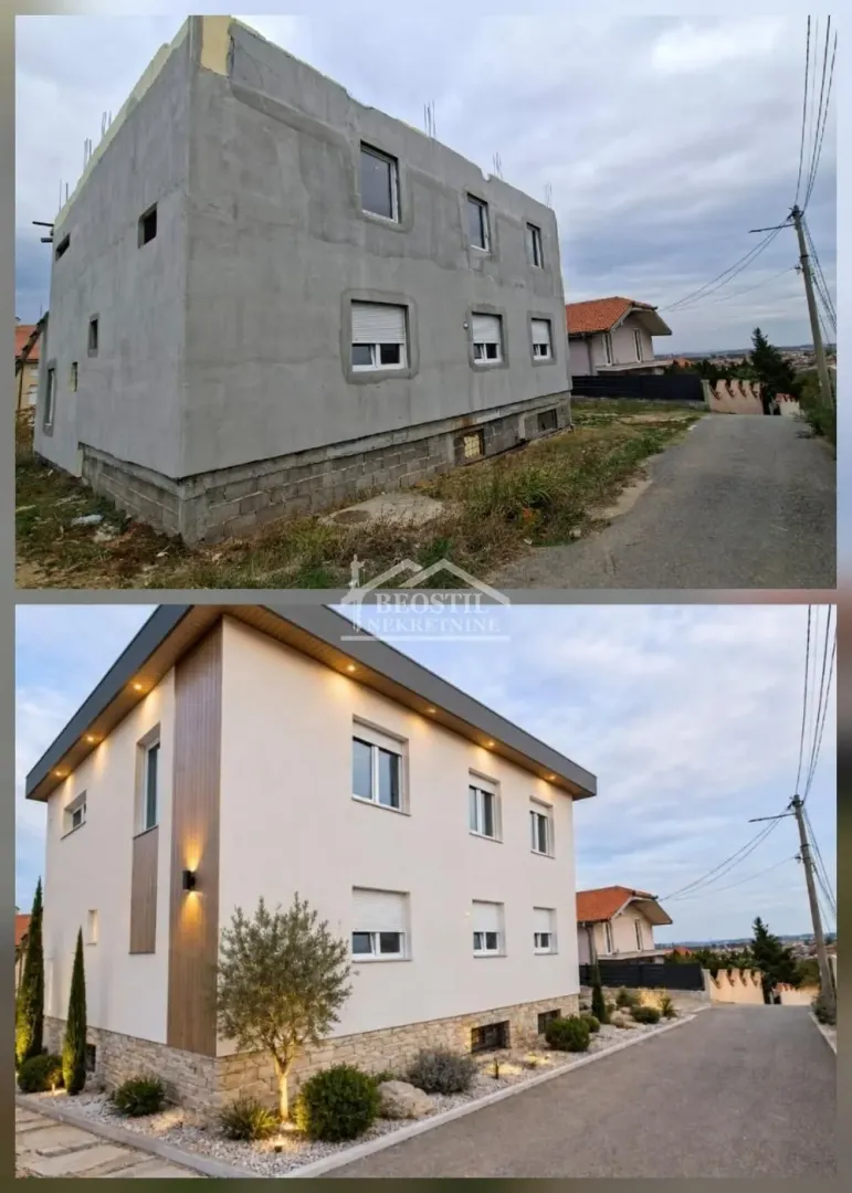 Prikaz objekta u izgradnji i završenog objekta sa uređenim dvorištem.