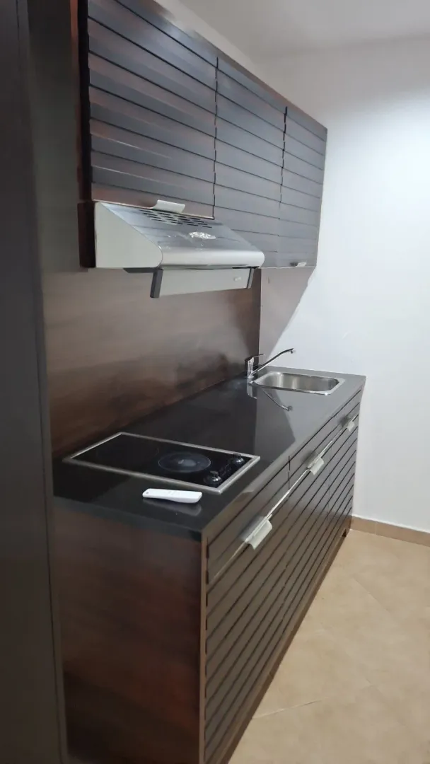 Small kitchen with dark cabinets, a built-in cooktop, and a sink.