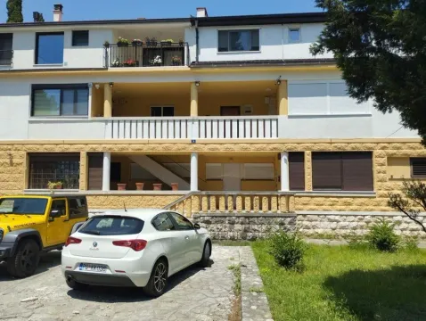 Front view of a multi-family house with a yard and parked cars. - image 13
