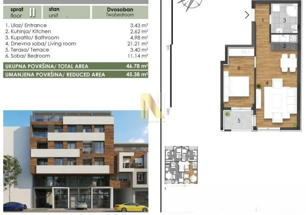 Sale, two bedroom apartment, 47m², Telep, Novi Sad Sve Podlokacije